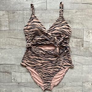 Aerie XL LONG Tan Black Tiger Stripes One Piece Full Coverage Wrap Swimsuit Y2K